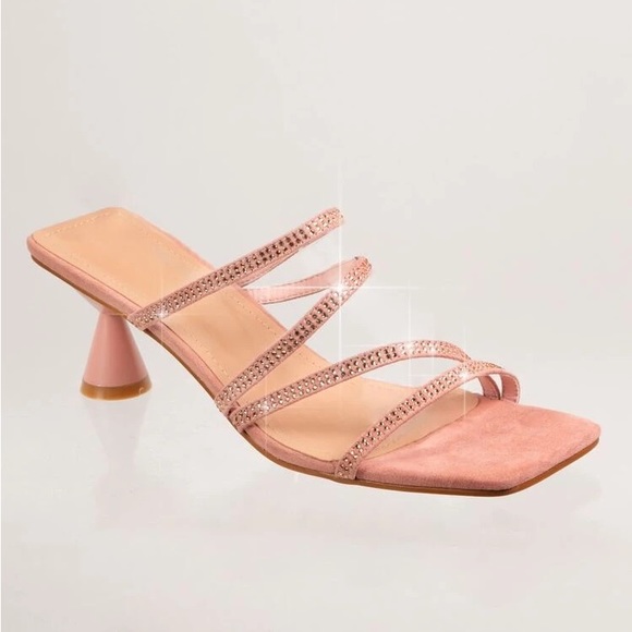 Strapped Rhinestone Open Back Low Flare Heels - Picture 2 of 4